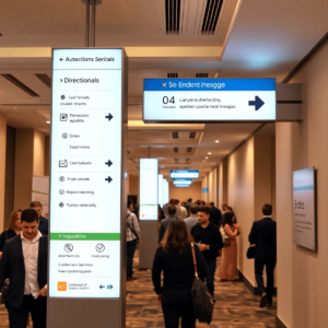 Bright modern hallway with clear directional signs featuring arrows and icons, guiding attendees smoothly, with subtle branding elements on the sig...