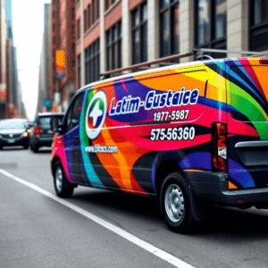 A colorful commercial van with vibrant vehicle wrap graphics and business logo, parked on a busy urban street with blurred city background.