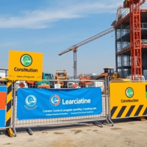 A vibrant construction site with bold signage showing a company logo on fences and barriers, surrounded by equipment and materials under a clear sky.