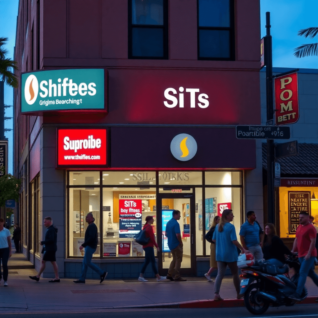 A vibrant, well-lit storefront on a busy street at dusk with clear signage attracting diverse passersby.