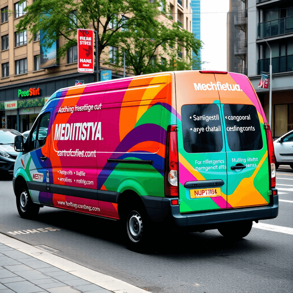 Brightly colored commercial van with bold graphics parked on a bustling city street, highlighting mobile advertising impact.