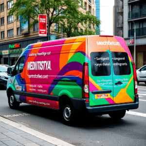 Brightly colored commercial van with bold graphics parked on a bustling city street, highlighting mobile advertising impact.