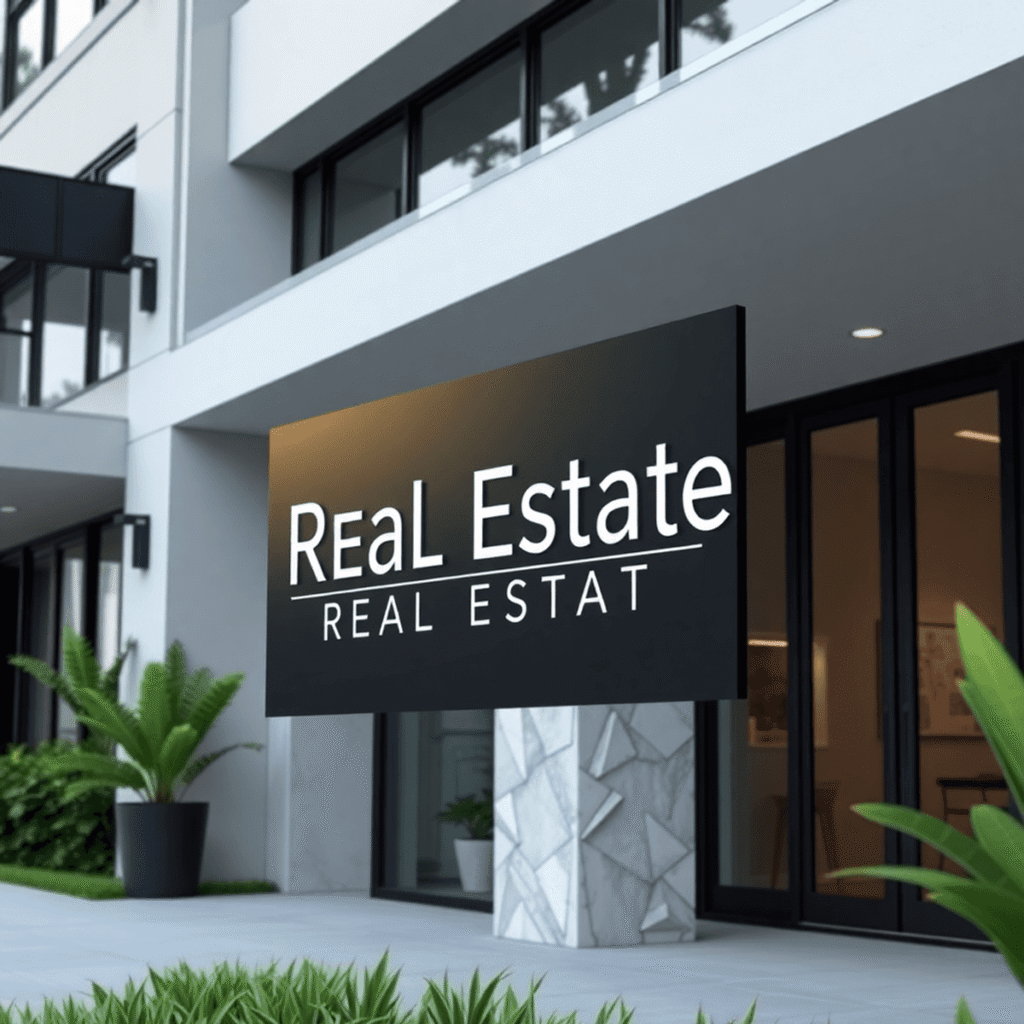 Modern minimalist real estate sign with clean lines and simple typography in front of a contemporary building with natural and eco-friendly design ...