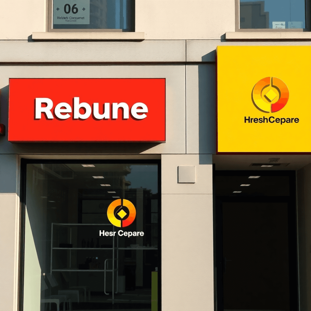 Modern storefront featuring vibrant new signage with fresh logo and brand colors, showcasing a professional rebranding impact.