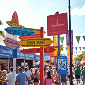Outdoor summer festival in Jacksonville with colorful surfboard signs, festive banners, QR code signage, sunny sky, and lively crowd in a realistic...