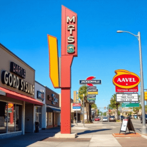Vibrant Jacksonville street with diverse business signs: monument, illuminated channel letters, tall pylon, and A-frame on sidewalk under clear blu...