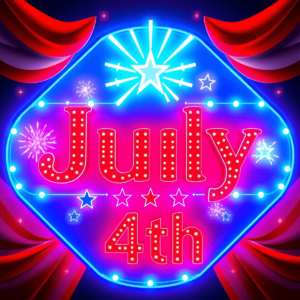 A vibrant, neon-style sign for July 4th featuring "July 4th" in red and blue lights, surrounded by white stars and blue light rays, against a dark background with a subtle diamond pattern.