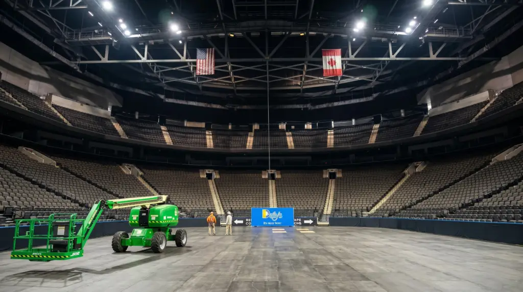The Ultimate Guide to Choosing the Best Sign Company Near You 8 A wide view inside a large sports arena in Jacksonville, where two workers from General Sign Service Corporation use a green boom lift to safely install a massive blue Daily's sign.