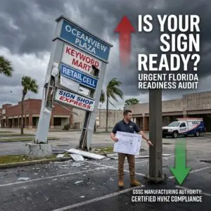 A robust commercial pylon sign in Jacksonville, Florida, engineered by GSSC to meet strict HVHZ wind-load compliance for asset survival.