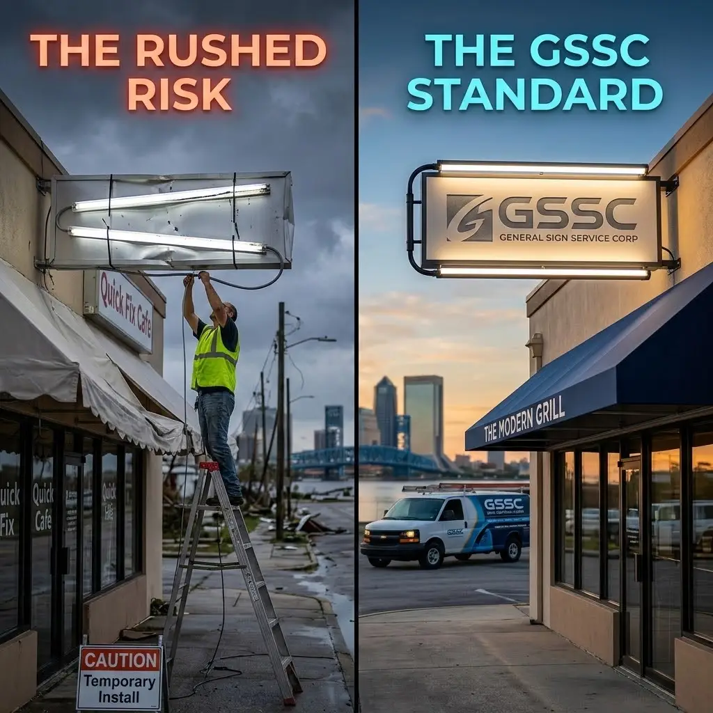 A bright, professionally engineered light bar and awning sign for Steak 'n Shake, showcasing a successful post-storm LED retrofit that adheres to high wind-load integrity standards.