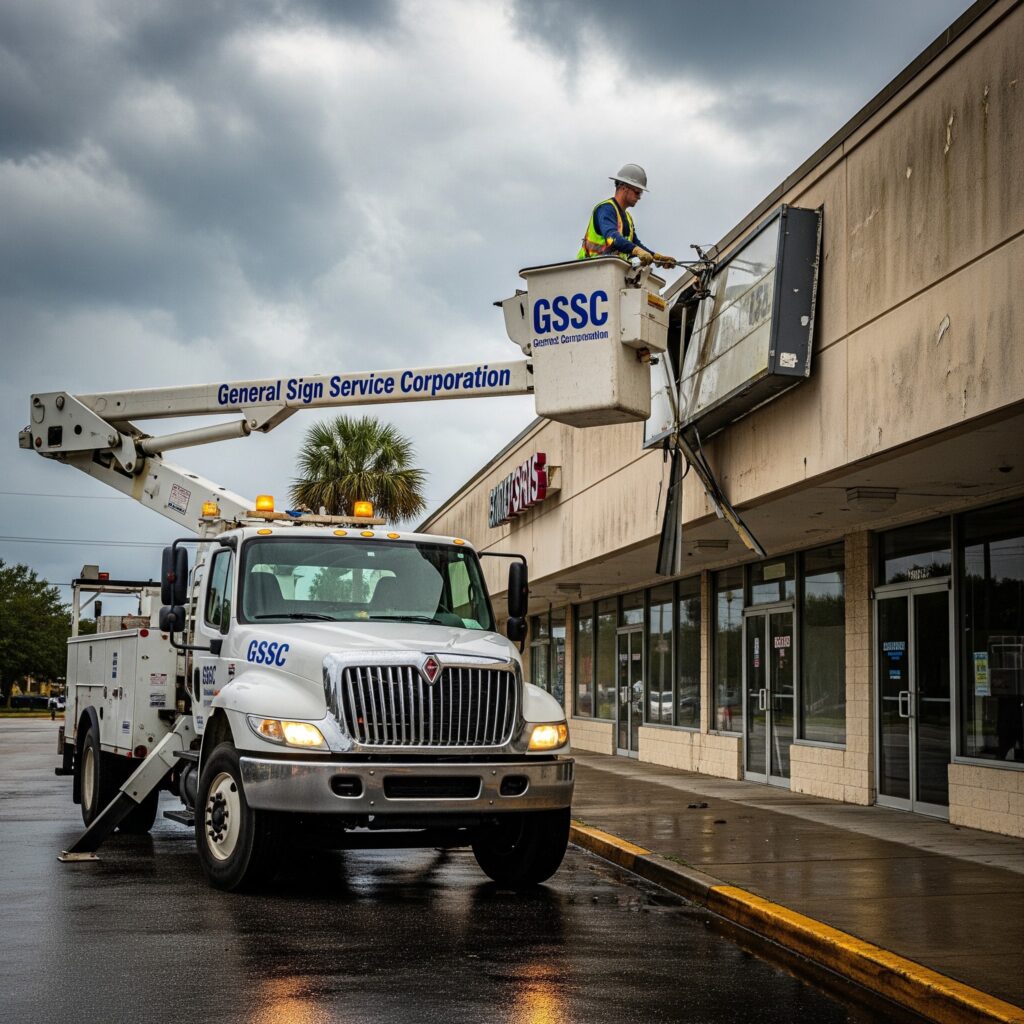 A damaged commercial storefront sign being secured by a Jacksonville sign repair services crew.