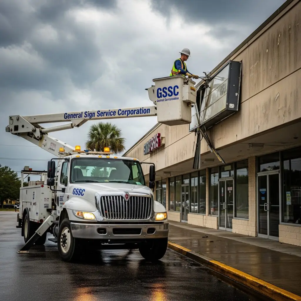 A damaged commercial storefront sign being secured by a Jacksonville sign repair services crew.