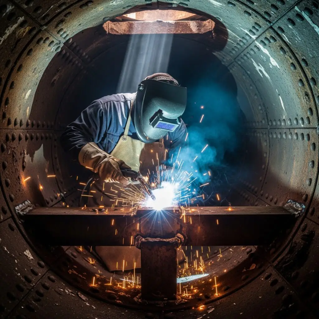 A GSSC engineer inspecting internal steel supports for a Jacksonville pylon sign repair.