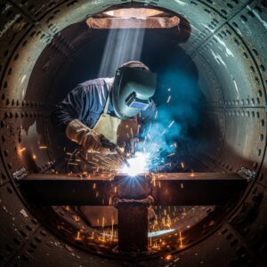 A GSSC engineer inspecting internal steel supports for a Jacksonville pylon sign repair.