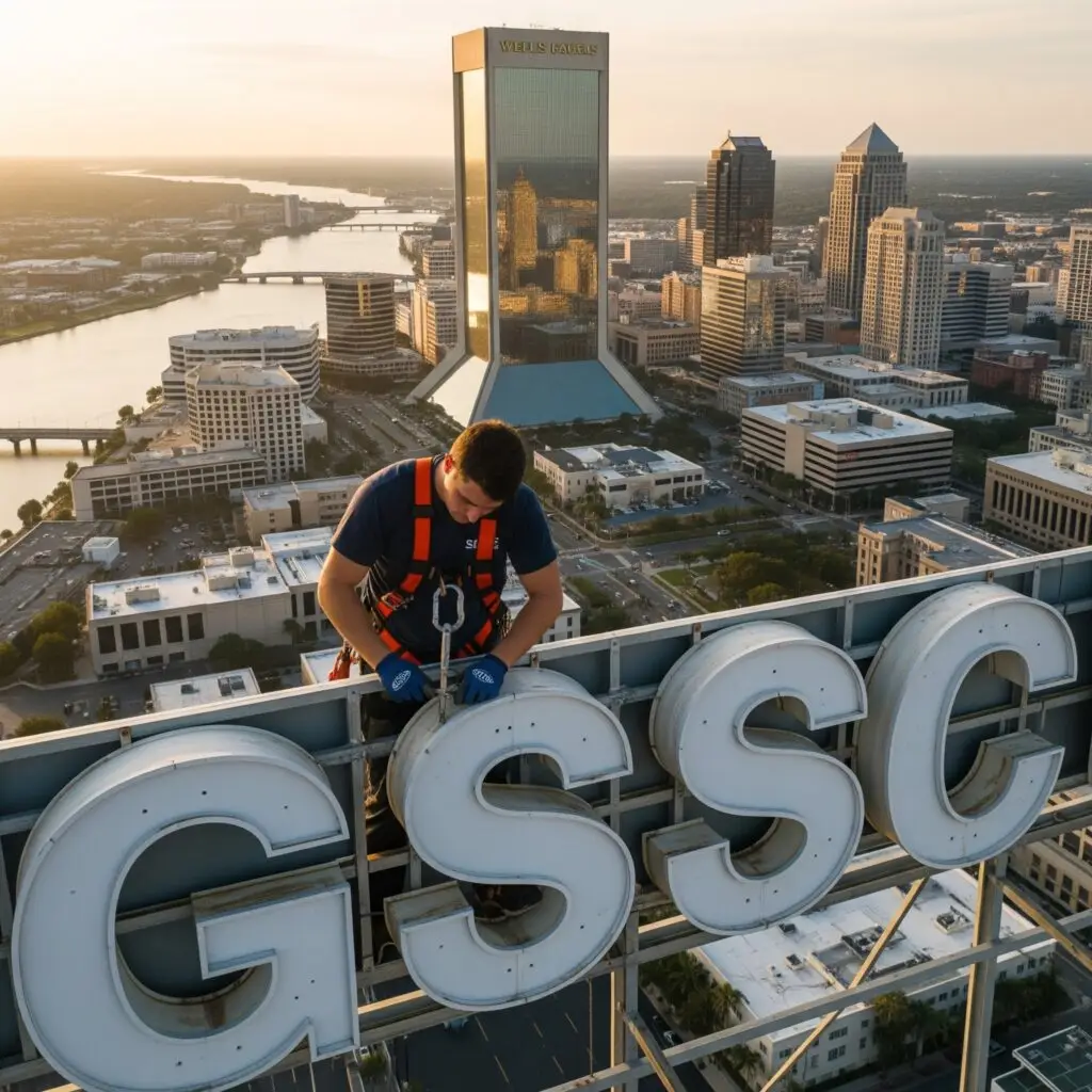 A GSSC crane lifting a large commercial channel letter during a high-rise installation in Downtown Jacksonville.