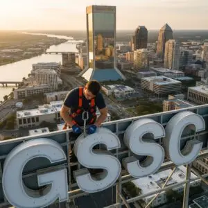 A GSSC crane lifting a large commercial channel letter during a high-rise installation in Downtown Jacksonville.