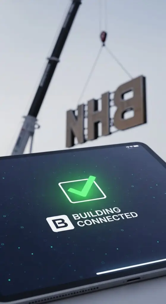 A GSSC project manager uploading compliance documents to Building Connected for a Jacksonville sign vendor contract.