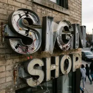 A weathered metal sign spelling out "SIGN SHOP" is mounted on a brick wall. The letters are dilapidated, with some covers removed or damaged, revealing messy internal wiring, wire nuts, and strips of exposed LED lights. The lower letters are rusted and tarnished.