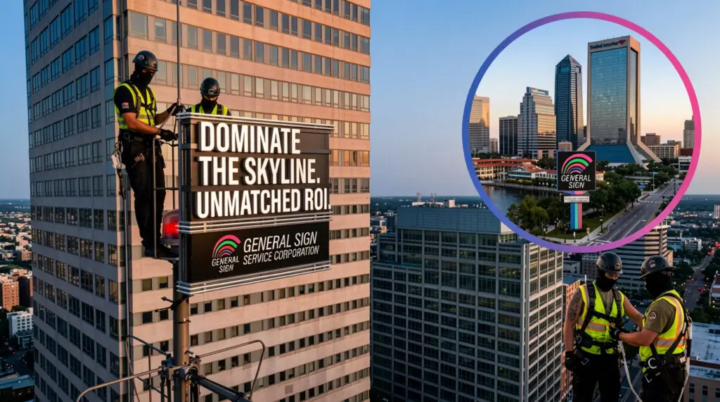 Powerful Reasons Custom Sign Manufacturing Jacksonville Delivers Unmatched ROI Today 4 A multi-layered high-rise sign for General Sign Service Corporation, proudly proclaiming 'DOMINATE THE SKYLINE. UNMATCHED ROI.' as professional sign installers work at altitude in the heart of Jacksonville.