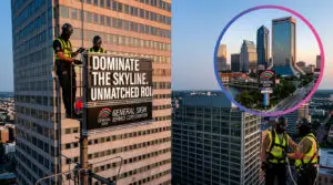 A multi-layered high-rise sign for General Sign Service Corporation, proudly proclaiming 'DOMINATE THE SKYLINE. UNMATCHED ROI.' as professional sign installers work at altitude in the heart of Jacksonville.
