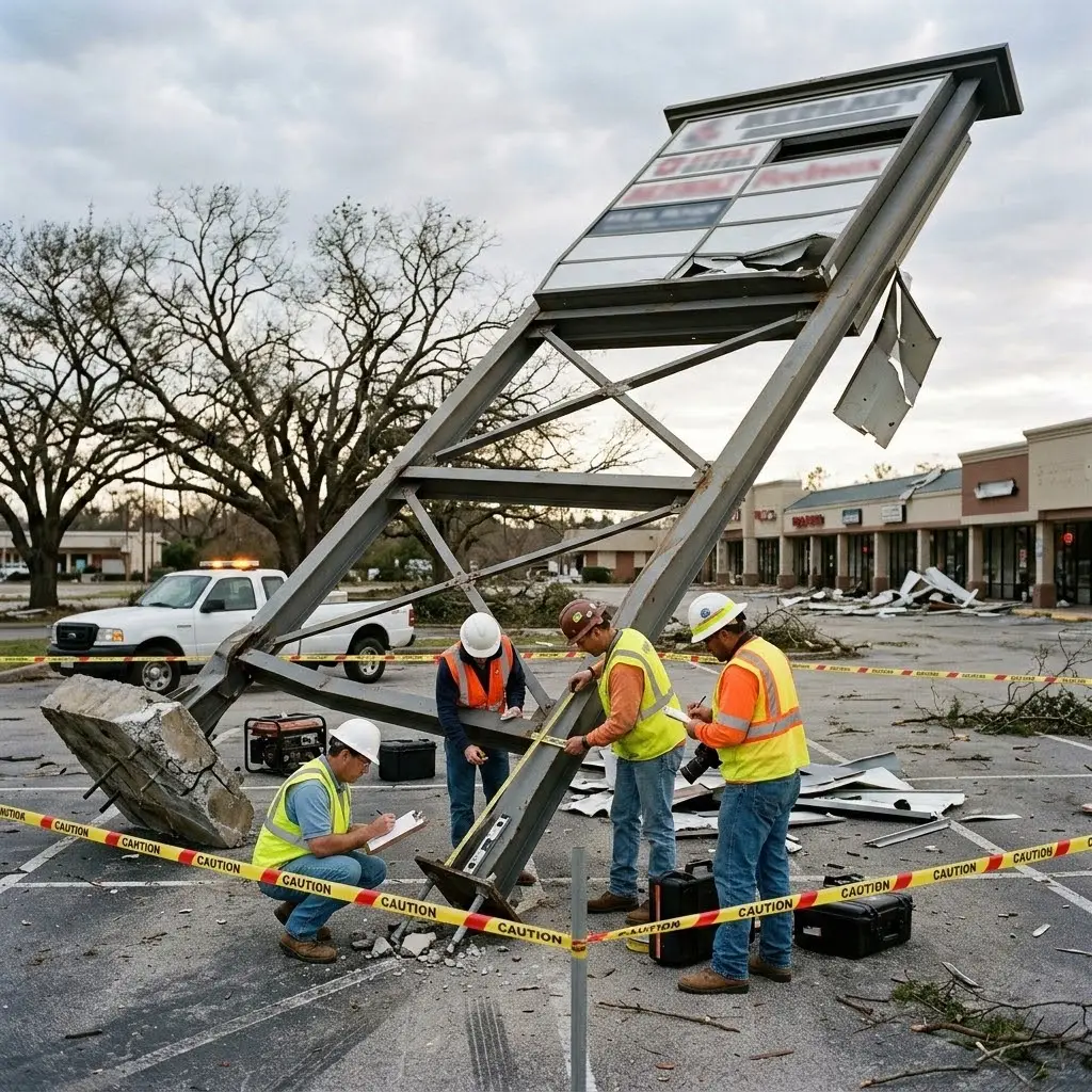 A photo of three workers in yellow safety vests examining a large, collapsed sign in a parking lot. A white pickup truck is parked in the background and there is debris scattered around. A string of yellow caution tape runs across the front of the scene.